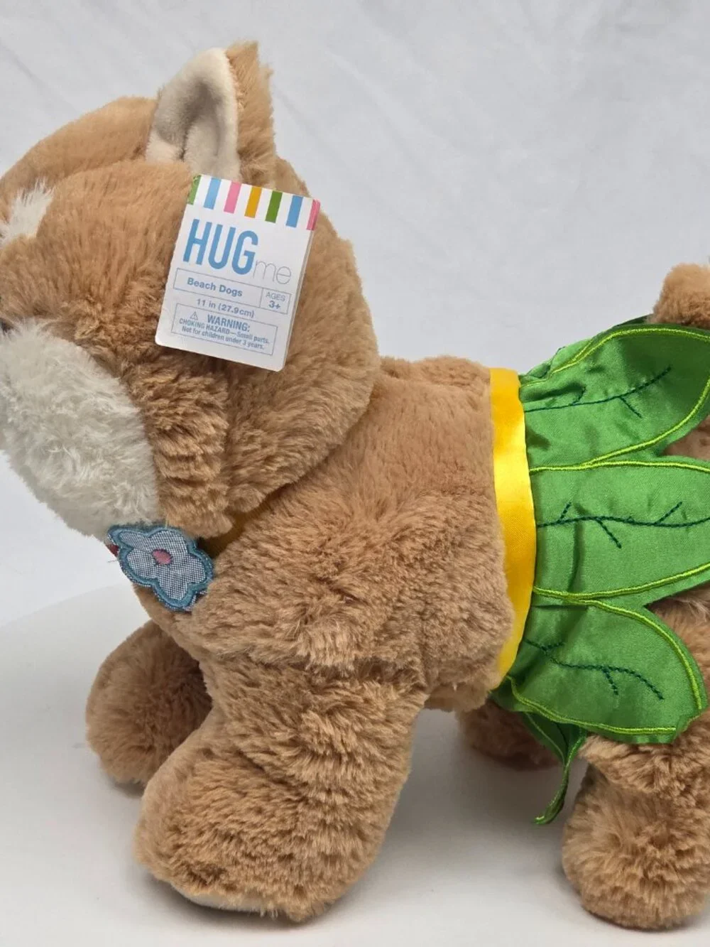Plush Tan & White Hug Me Beach Dog Plush 11” With Tutu And Flower Collar